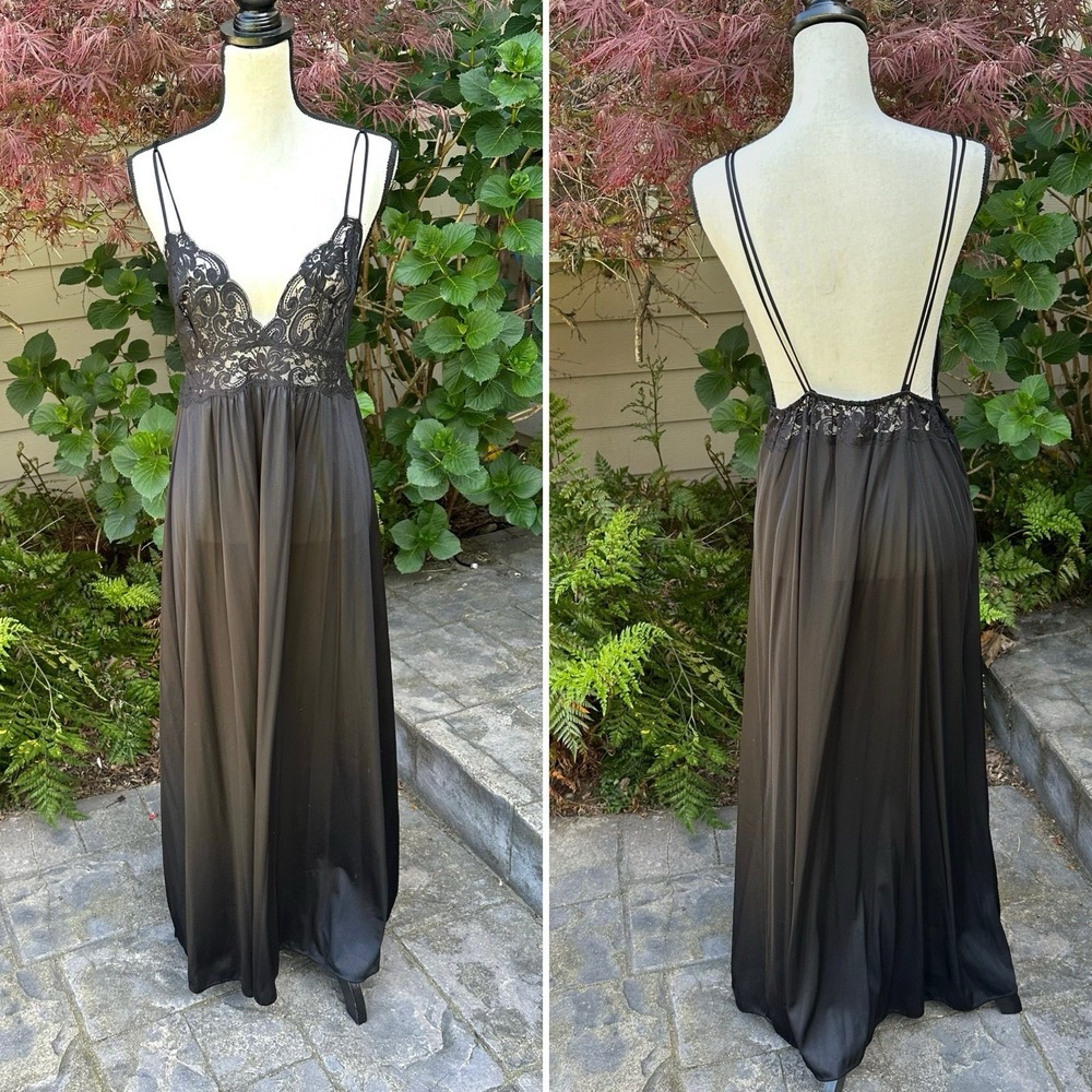 Samantha Scott Vintage maxi‎ slip dress Black Lace Open Back Feminine Festival M